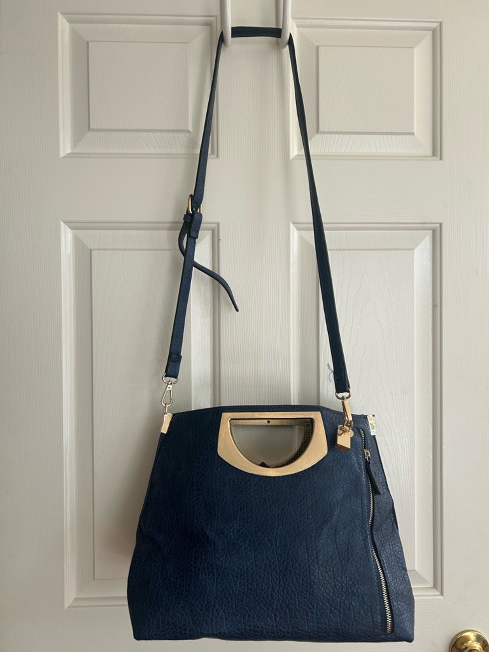 Navy Blue Women's Shoulder Bag with Gold Accent
